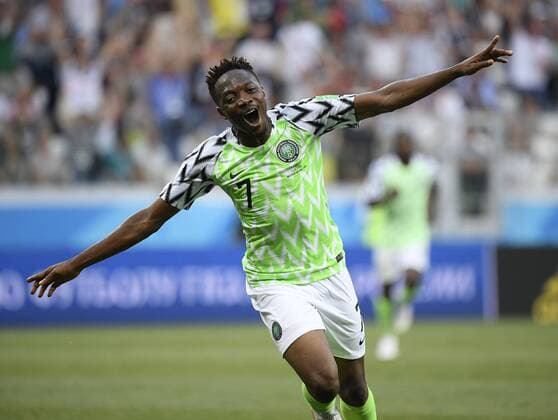 Themen der Woche - SPORT KW25 Bilder des Tages - SPORT WM 2018, Nigeria - Island (180622) -- VOLGOGRAD, June 22, 2018 -- Ahmed Musa of Nigeria celebrates his scoring during the 2018 FIFA World Cup WM Weltmeisterschaft Fussball Group D match between Nigeria and Iceland in Volgograd, Russia, June 22, 2018. Nigeria won 2-0. ) (SP)RUSSIA-VOLGOGRAD-2018 WORLD CUP-GROUP D-NIGERIA VS ICELAND LuixSiuxWai 
