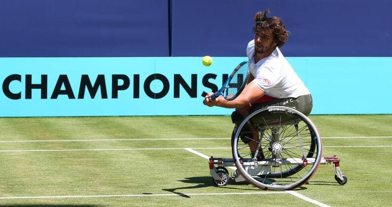 Rohlstuhltennis, Queens Club London June 22, 2018 - London, United Kingdom - Daniel Caverzaschi (ESP) .during Fever-Tree Championships Wheelchair Event match between Daniel Caverzaschi (ESP) against Stefan Olson (SWE) at The Queen s Club, London, on 22 June 2018 Fever-Tree Championships - Day Five  - ZUMAn230 20180622_zaa_n230_671 Copyright: xKieranxGalvinx