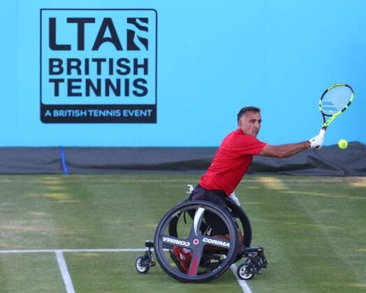 Rohlstuhltennis, Queens Club London June 22, 2018 - London, United Kingdom - Stephane Houdet .during Fever-Tree Championships Wheelchair Doubles Event match between Alfie Hewett and Gordon Reid (GBR) against Stephane Houdet and Nicolas Peifer (FRA) at The Queen s Club, London, on 22 June 2018 Fever-Tree Championships - Wheelchair Tennis  - ZUMAn230 20180622_zaa_n230_995 Copyright: xKieranxGalvinx