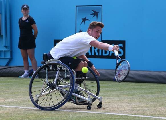 June 23, 2018 - London, England, United Kingdom - Alfie Hewett (GBR ) in action.during Fever-Tree Championships Wheelchair Event match between Alfie Hewett (GBR ) against Stefan Olson (SWE) at The Queen s Club, London, on 23 June 2018 Fever-Tree Championships - Wheelchair Tennis  - ZUMAn230 20180623_zaa_n230_574 Copyright: xKieranxGalvinx