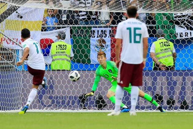 Bilder des Tages - SPORT WM 2018, SÃ¼dkorea - Mexiko WM 2018, SÃ¼dkorea - Mexiko ROSTOV-ON-DON, RUSSIA â€“ JUNE 23, 2018: Mexico s Carlos Vela (L) scores a penalty past South Korea s goalkeeper Cho Hyun-woo (C) in their 2018 FIFA World Cup WM Weltmeisterschaft Fussball Group F football match at Rostov Arena Stadium. Valery Matytsin TASS  TS085E9A