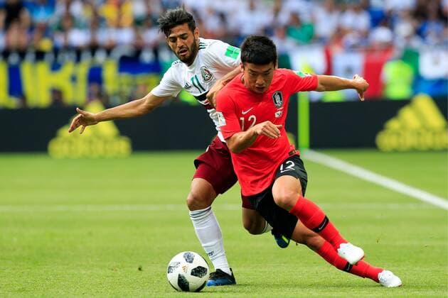 WM 2018, SÃ¼dkorea - Mexiko WM 2018, SÃ¼dkorea - Mexiko ROSTOV-ON-DON, RUSSIA â€“ JUNE 23, 2018: Mexico s Carlos Vela (L) and South Korea s Kim Min-woo in action in their 2018 FIFA World Cup WM Weltmeisterschaft Fussball Group F football match at Rostov Arena Stadium. Valery Matytsin TASS  TS085E9F