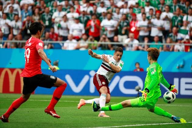 Bilder des Tages - SPORT WM 2018, Südkorea - Mexiko Mexican forward Javier Hernandez (C) scores during the FIFA World Cup WM Weltmeisterschaft Fussball 2018 Group F soccer match between Korea Republic and Mexico, in Rostov-On-Don, Russia, 23 June 2018. KOREA REPUBLIC VS. MEXICO !ACHTUNG: NUR REDAKTIONELLE NUTZUNG!  Copyright: xJosexMendezx FWC28-89 20180623-636653756741483490