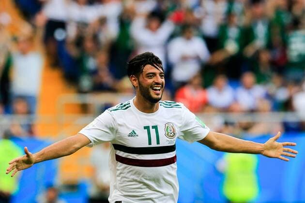 WM 2018, SÃ¼dkorea - Mexiko ROSTOV-ON-DON, RUSSIA â€“ JUNE 23, 2018: Mexico s Carlos Vela celebrates scoring in their 2018 FIFA World Cup WM Weltmeisterschaft Fussball Group F football match against South Korea at Rostov Arena Stadium. Valery Matytsin TASS  TS085ECC