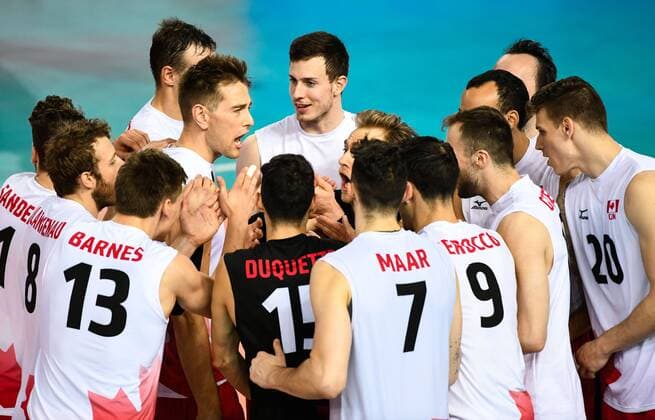 (180624) -- JIANGMEN, June 24, 2018 -- Players of Canada celebrate after winning a match against Japan at the FIVB Volleyball Nations League 2018 men s tournament in Jiangmen, south China s Guangdong Province, June 24, 2018. Canada won 3-0. ) (SP)CHINA-JIANGMEN-VOLLEYBALL-FIVB NATIONS LEAGUE-MEN (CN) DengxHua 