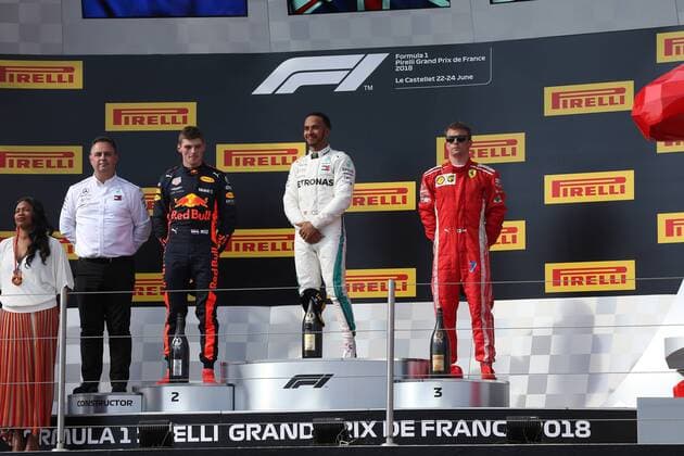 Photo4 LaPresse 24 06 2018 Paul Ricard, France Grand Prix Formula One France 2018 In the pic: Podium, winner Lewis Hamilton (GBR) Mercedes AMG F1 W09 , 2nd place Max Verstappen (NED) Red Bull Racing RB14, 3rd place Kimi Raikkonen (FIN) Scuderia Ferrari SF71H  Copyright: xPhoto4x