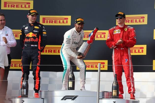 Photo4 LaPresse 24 06 2018 Paul Ricard, France Grand Prix Formula One France 2018 In the pic: Podium, winner Lewis Hamilton (GBR) Mercedes AMG F1 W09 , 2nd place Max Verstappen (NED) Red Bull Racing RB14, 3rd place Kimi Raikkonen (FIN) Scuderia Ferrari SF71H  Copyright: xPhoto4x