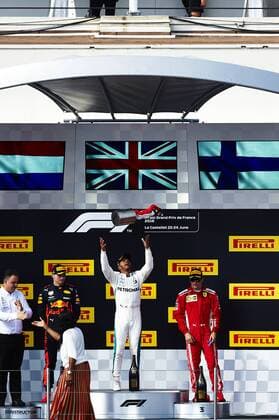 24th June 2018, Circuit Paul Ricard, Le Castellet, France; French Formula One Grand Prix, race day; (L-R) Max Verstappen of the Red Bull Racing Team 3rd place , Lewis Hamilton of the Mercedes AMG F1 Team 1st place and Kimi Raikkonen of the Ferrari Team 3rd place celebrate on the podium after the race  ActionPlus12040312 PabloxGuillen
