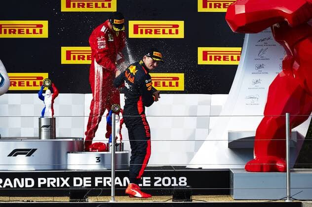 24th June 2018, Circuit Paul Ricard, Le Castellet, France; French Formula One Grand Prix, race day; (L-R) Kimi Raikkonen of the Ferrari Team and Max Verstappen of the Red Bull Racing Team celebrate on the podium after the race  ActionPlus12040316 PabloxGuillen