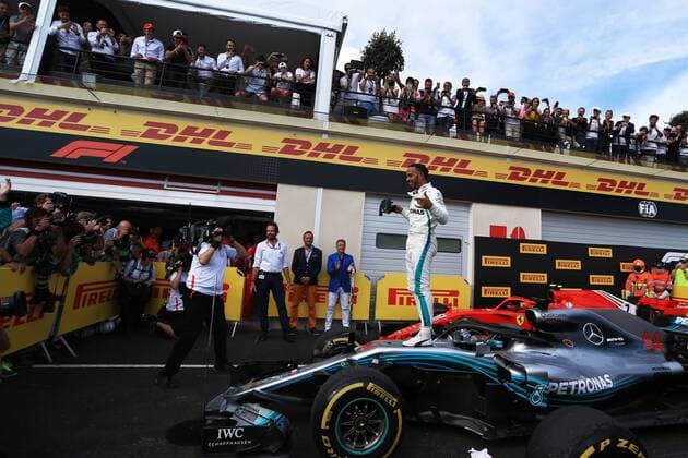 24th June 2018, Circuit Paul Ricard, Le Castellet, France; French Formula One Grand Prix, race day; Mercedes AMG Petronas Motorsport, Lewis Hamilton leaps from his car in parc ferme and takes the win  ActionPlus12040376 Octane