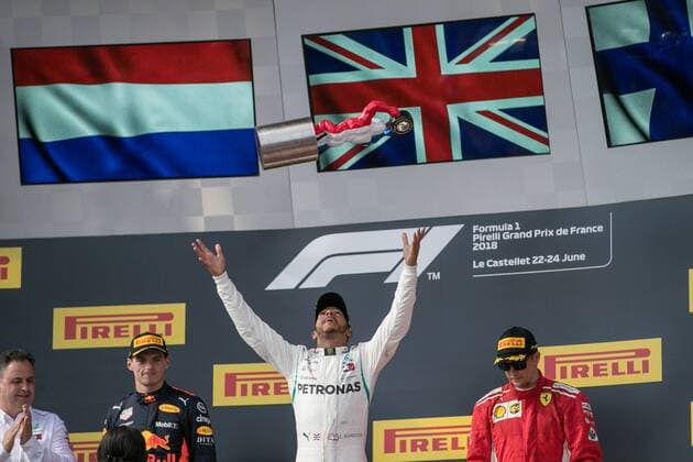vl. Max Verstappen (Red Bull Racing), Lewis Hamilton (Mercedes AMG Petronas Formula One Team) und Kimi Raikkoenen (Scuderia Ferrari) Grosser Preis von Frankreich 2018, Rennen, Motorsport, Formel 1, 24.06.2018 Le Castellet Copyright: xEibner-Pressefoto Illmannx EP_eer