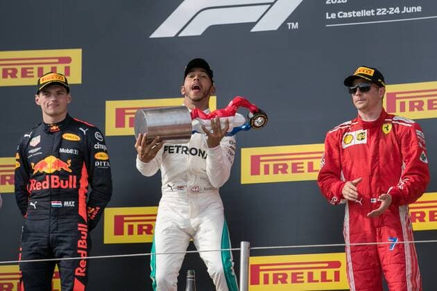vl. Max Verstappen (Red Bull Racing), Lewis Hamilton (Mercedes AMG Petronas Formula One Team) und Kimi Raikkoenen (Scuderia Ferrari) Grosser Preis von Frankreich 2018, Rennen, Motorsport, Formel 1, 24.06.2018 Le Castellet Copyright: xEibner-Pressefoto Illmannx EP_eer