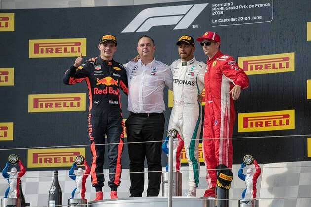 vl. Max Verstappen (Red Bull Racing), Ron Meadows (Teammanager Mercedes AMG Petronas Formula One Team), Lewis Hamilton (Mercedes AMG Petronas Formula One Team), Kimi Raikkoenen (Scuderia Ferrari) Grosser Preis von Frankreich 2018, Rennen, Motorsport, Formel 1, 24.06.2018 Le Castellet Copyright: xEibner-Pressefoto Illmannx EP_eer