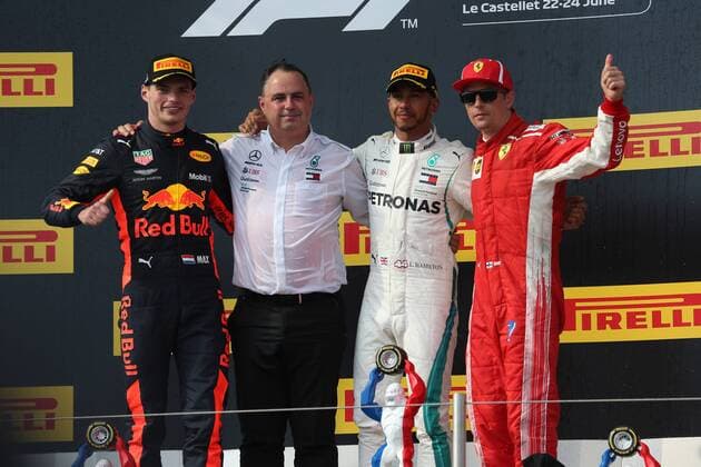 Photo4 LaPresse 24 06 2018 Paul Ricard, France Grand Prix Formula One France 2018 In the pic: Podium, winner Lewis Hamilton (GBR) Mercedes AMG F1 W09 , 2nd place Max Verstappen (NED) Red Bull Racing RB14, 3rd place Kimi Raikkonen (FIN) Scuderia Ferrari SF71H  Copyright: xPhoto4 LaPressex