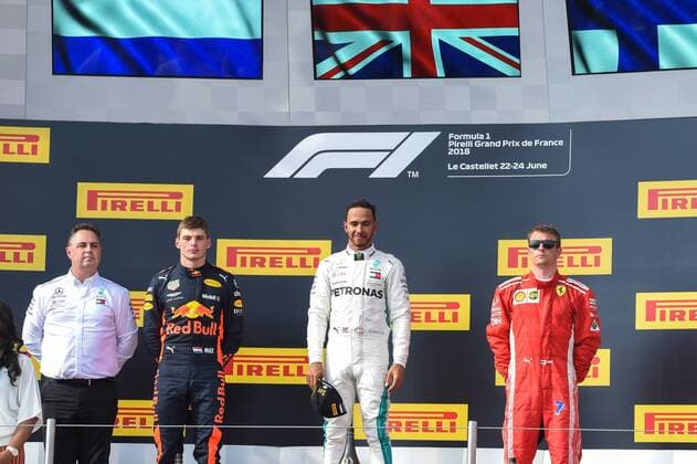 Race winner Lewis Hamilton (GBR) Mercedes-AMG F1 celebrates on the podium at Formula One World Championship WM Weltmeisterschaft Rd8, French Grand Prix, Race, Paul Ricard, France, Sunday 24 June 2018. FORMULE 1 : Grand Prix de France - Circuit Paul-Ricard - 24 06 2018 LionelUrman Panoramic 