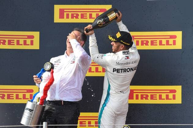 Race winner Lewis Hamilton (GBR) Mercedes-AMG F1 celebrates on the podium at Formula One World Championship WM Weltmeisterschaft Rd8, French Grand Prix, Race, Paul Ricard, France, Sunday 24 June 2018. FORMULE 1 : Grand Prix de France - Circuit Paul-Ricard - 24 06 2018 LionelUrman Panoramic 
