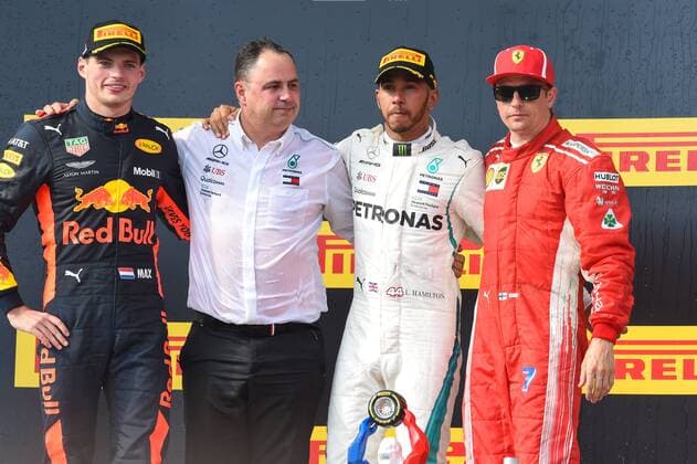 Race winner Lewis Hamilton (GBR) Mercedes-AMG F1 celebrates on the podium at Formula One World Championship WM Weltmeisterschaft Rd8, French Grand Prix, Race, Paul Ricard, France, Sunday 24 June 2018. FORMULE 1 : Grand Prix de France - Circuit Paul-Ricard - 24 06 2018 LionelUrman Panoramic 