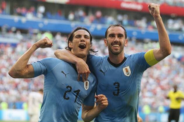 Sport Themen der Woche KW26 Bilder des Tages SPORT SAMARA, RUSSIA - JUNE 25, 2018: Uruguay s Edinson Cavani and Diego Godin celebrate a goal in a First Stage Group A football match between Uruguay and Russia at Samara Arena at FIFA World Cup WM Weltmeisterschaft Fussball Russia 2018; Uruguay won 3-0. Yegor Aleyev TASS  TS086436