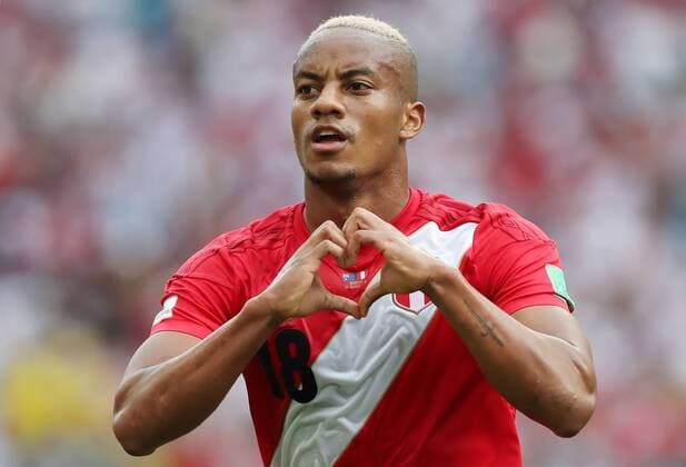 Bilder des Tages - SPORT SOCHI, RUSSIA - JUNE 26, 2018: Peru s Andre Carrillo celebrates scoring in a 2018 FIFA World Cup WM Weltmeisterschaft Fussball Group C football match against Australia at Fisht Stadium. Anton Novoderezhkin TASS  TS08671E