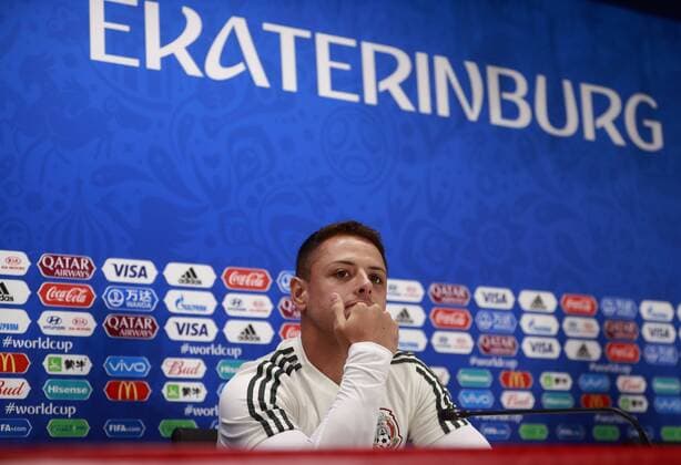 Mexican player Javier Hernandez participates in a press conference PK Pressekonferenz at the Ekaterimburgo Arena, in Ekaterimburgo, Russia, 26 June 2018. Mexico will face Sweden tomorrow in the gruop F match of the FIFA World Cup WM Weltmeisterschaft Fussball Russia 2018. Press meeting of the Mexican national soccer team !ACHTUNG: NUR REDAKTIONELLE NUTZUNG!  Copyright: xJoséxMéndezx EKT05 20180626-636656321317121340