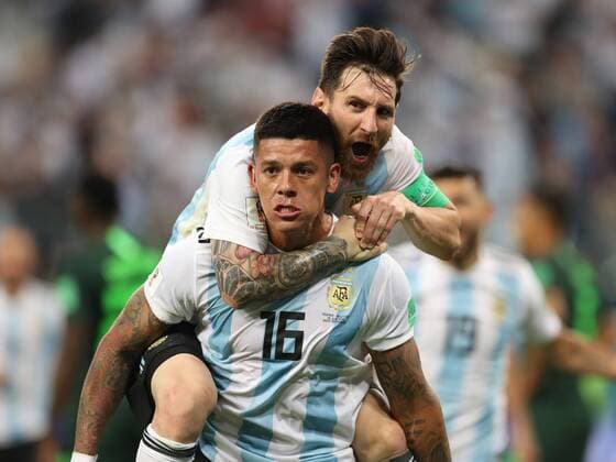 (180626) -- SAINT PETERSBURG, June 26, 2018 -- Argentina s Marcos Rojo (bottom) celebrates scoring with Lionel Messi during the 2018 FIFA World Cup WM Weltmeisterschaft Fussball Group D match between Nigeria and Argentina in Saint Petersburg, Russia, June 26, 2018. ) (SP)RUSSIA-SAINT PETERSBURG-2018 WORLD CUP-GROUP D-NIGERIA VS ARGENTINA YangxLei 