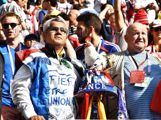 French fans show their support for France in the Group C match against Denmark during the 2018 FIFA World Cup WM Weltmeisterschaft Fussball in Moscow, Russia, 26 June 2018. For 37 games, the one certainty at this World Cup had been goals. Every game had produced at least one: a powerful header, a slick backheel, a well-shaped free kick. Mexican goals and Brazilian goals and lots and lots of Russian, Belgian and English goals. But through it all, the tournament had not produced a single scoreless tie ¡ª until Tuesday, when France and Denmark slogged through 90 torpid minutes at the Luzhniki Stadium here, and the streak ¡ª the longest without a 0-0 tie to start a World Cup in its history ¡ª was over. Not that the French, who had already clinched a spot in the round of 16, or the Danes for that matter, will complain. Their 0-0 draw, combined with Peru¡¯s 2-0 win over Australia, sent France through to the knockout round as the group winner, with Denmark as the runner-up. France and Denmark advance after World Cup s first 0-0 draw  20180627_02130