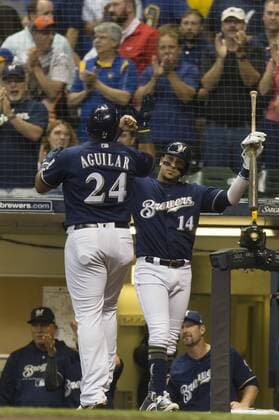 June 26, 2018: Milwaukee Brewers Hernan Perez 14 congratulates Jesus Aguilar 24 on his solo home run in the third inning of the Major League Baseball game between the Milwaukee Brewers and the Kansas City Royals at Miller Park in Milwaukee, WI. CSM MLB Baseball Herren USA 2018 Royals vs Brewers JUN 26 - ZUMAc04_ 20180626_zaf_c04_002 Copyright: xJohnxFisherx