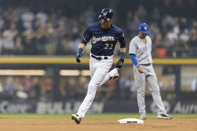 June 26, 2018: Milwaukee Brewers center fielder Christian Yelich 22 hits a two run homer to left field in the first inning of the Major League Baseball game between the Milwaukee Brewers and the Kansas City Royals at Miller Park in Milwaukee, WI. CSM MLB Baseball Herren USA 2018 Royals vs Brewers JUN 26 - ZUMAc04_ 20180626_zaf_c04_007 Copyright: xJohnxFisherx