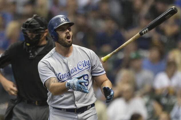 June 26, 2018: Kansas City Royals third baseman Mike Moustakas 8 throws his bat after striking out during the Major League Baseball game between the Milwaukee Brewers and the Kansas City Royals at Miller Park in Milwaukee, WI. CSM MLB Baseball Herren USA 2018 Royals vs Brewers JUN 26 - ZUMAc04_ 20180626_zaf_c04_008 Copyright: xJohnxFisherx