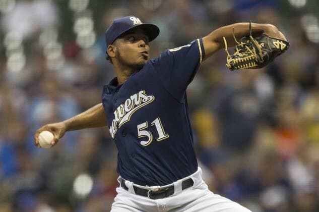 June 26, 2018: Milwaukee Brewers starting pitcher Freddy Peralta 51 delivers a pitch in the first inning of the Major League Baseball game between the Milwaukee Brewers and the Kansas City Royals at Miller Park in Milwaukee, WI. CSM MLB Baseball Herren USA 2018 Royals vs Brewers JUN 26 - ZUMAc04_ 20180626_zaf_c04_009 Copyright: xJohnxFisherx