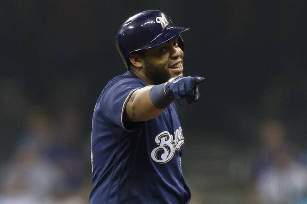 June 26, 2018: Milwaukee Brewers first baseman Jesus Aguilar 24 is all smiles after hitting a double down the right field line in the 7th inning. Aguilar is 2 for 4 with a double and home run in the Major League Baseball game between the Milwaukee Brewers and the Kansas City Royals at Miller Park in Milwaukee, WI. CSM MLB Baseball Herren USA 2018 Royals vs Brewers JUN 26 - ZUMAc04_ 20180626_zaf_c04_011 Copyright: xJohnxFisherx