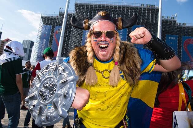 180627 Fans of Sweden prior the FIFA World Cup WM Weltmeisterschaft Fussball group stage match between Mexico and Sweden on June 27, 2018 in Ekaterinburg. Photo: Petter Arvidson BILDBYRN kod PA 87737 Copyright: PETTERxARVIDSON BB180627PA021