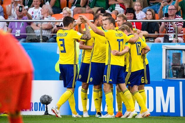 180627 Players of Sweden celebrates after the 0-1 goal by Ludwig Augustinsson the FIFA World Cup WM Weltmeisterschaft Fussball group stage match between Mexico and Sweden on June 27, 2018 in Ekaterinburg. Photo: Petter Arvidson BILDBYRAN kod PA 87737 Copyright: PETTERxARVIDSON BB180627PA092