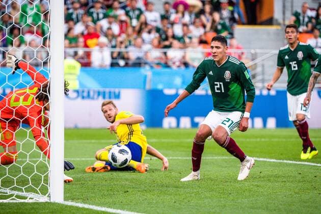 180627 Edson Alvarez of Mexico with the own goal 0-3 during the FIFA World Cup WM Weltmeisterschaft Fussball group stage match between Mexico and Sweden on June 27, 2018 in Ekaterinburg. Photo: Joel Marklund BILDBYRAN kod JM 87737 Copyright: JOELxMARKLUND BB180627JM095