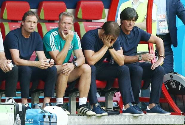 Torwarttrainer Andreas Köpke, Co Trainer Thomas Schneider, Trainer Joachim Löw enttäuscht Enttäuschung Fußball Fussball FIFA WM Weltmeisterschaft Russland Russia 2018 Saison 2017 2018 27.06.2018 Südkorea vs. Deutschland GER