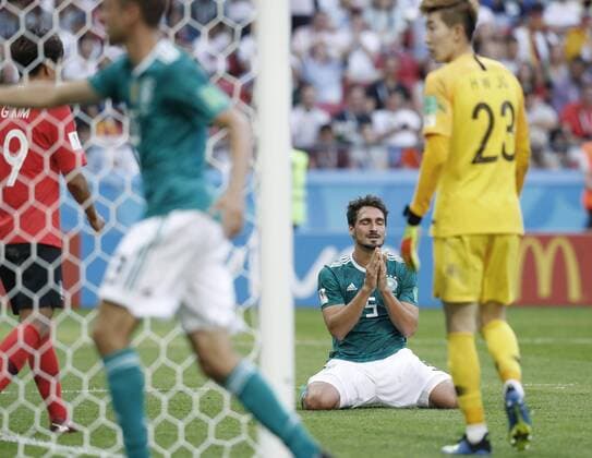 Football: Germany vs South Korea at World Cup Mats Hummels (C) of Germany reacts after missing a chance to score during the second half of a World Cup Group F match against South Korea in Kazan, Russia, on June 27, 2018. South Korea won 2-0. 