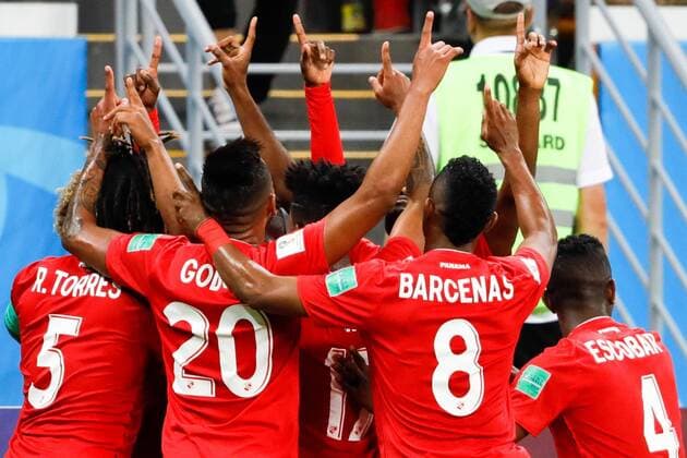 Sport - Bilder des Tages SARANSK, RUSSIA - JUNE 28, 2018: Panama s players celebrate scoring in a 2018 FIFA World Cup WM Weltmeisterschaft Fussball Group G match against Tunisia at Mordovia Arena. Mikhail Japaridze TASS  TS086FAB
