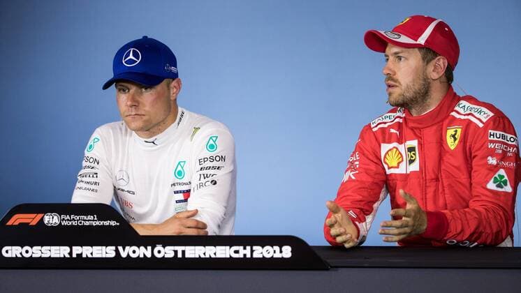 FORMULA 1 - GP of Austria 2018 SPIELBERG,AUSTRIA,30.JUN.18 - MOTORSPORTS, FORMULA 1 - Grand Prix of Austria, Red Bull Ring, qualifying. Image shows Valtteri Bottas (FIN Mercedes) and Sebastian Vettel (GER Ferrari). GEPAxpictures xDanielxGoetzhaber