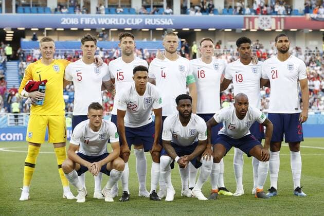 (Top Row L-R) goalkeeper Jordan Pickford of England, John Stones of England, Gary Cahill of England, Eric Dier of England, Phil Jones of England, Marcus Rashford of England, Ruben Loftus-Cheek of England (Front row L-R) Jamie Vardy of England, Trent Alexander-Arnold of England, Danny Rose of England, Fabian Delph of England during the 2018 FIFA World Cup WM Weltmeisterschaft Fussball Russia group G match between England and Belgium at the Kalingrad stadium on June 28, 2018 in Kaliningrad, Russia FIFA World Cup 2018 Russia 2017 2018 xVIxVIxImagesx xMauricexvanxSteenxWKxIVx 11349962