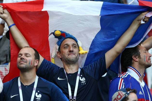KAZAN, RUSSIA - JUNE 30, 2018: France s supporters root for their team in the 2018 FIFA World Cup WM Weltmeisterschaft Fussball Round of 16 football match against Argentina at Kazan Arena Stadium. Yegor Aleyev TASS  TS087386