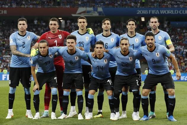 back row (l-r) Jose Gimenez of Uruguay, Uruguay goalkeeper Fernando Muslera, Matias Vecino of Uruguay, Rodrigo Bentancur of Uruguay, Edinson Cavani of Uruguay, Diego Godin of Uruguay front row (l-r) Diego Laxalt of Uruguay, Nahitan Nandez of Uruguay, Lucas Torreira of Uruguay, Martin Caceres of Uruguay, Luis Suarez of Uruguay during the 2018 FIFA World Cup WM Weltmeisterschaft Fussball Russia round of 16 match between Uruguay and at the Fisht Stadium on June 30, 2018 in Sochi, Russia FIFA World Cup 2018 Russia 2017 2018 xVIxVIxImagesx xMauricexvanxSteenxWKxIVx 11352630