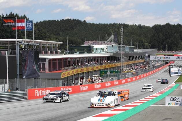 FORMULA 1 - GP of Austria 2018 SPIELBERG,AUSTRIA,01.JUL.18 - MOTORSPORTS - Grand Prix of Austria, Red Bull Ring, legends parade. Image shows Christian Danner (BMW M1), Gerhard Berger (Porsche 935) and Hans-Joachim Stuck (Porsche 956). GEPAxpictures xAndreasxPranter