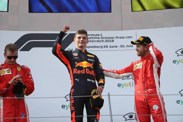 FORMULA 1 - GP of Austria 2018 SPIELBERG,AUSTRIA,01.JUL.18 - MOTORSPORTS - Grand Prix of Austria, Red Bull Ring. Image shows Kimi Raikkoenen (FIN Ferrari), the rejoicing of Max Verstappen (NED Aston Martin Red Bull Racing) and Sebastian Vettel (GER Ferrari). GEPAxpictures xAndreasxPranter