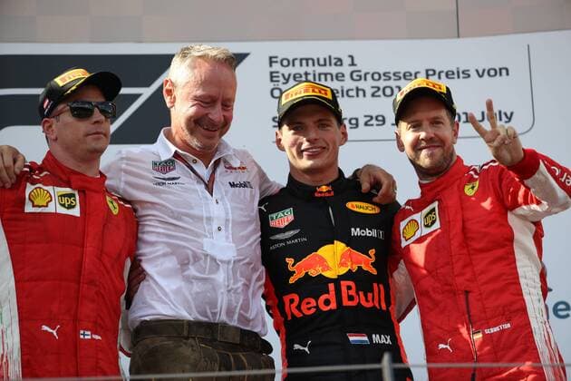 FORMULA 1 - GP of Austria 2018 SPIELBERG,AUSTRIA,01.JUL.18 - MOTORSPORTS - Grand Prix of Austria, Red Bull Ring. Image shows Kimi Raikkoenen (FIN Ferrari), Max Verstappen (NED Aston Martin Red Bull Racing) and Sebastian Vettel (GER Ferrari). GEPAxpictures xAndreasxPranter