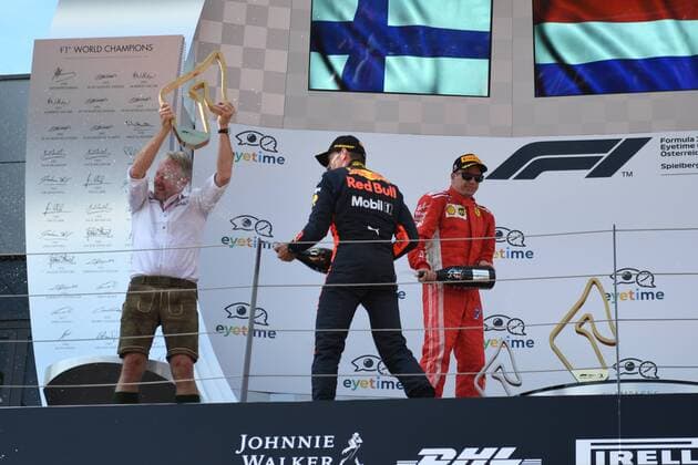 Max Verstappen (Aston Martin Red Bull Racing) bei der Champagnerdusche, Formel 1 Grosser Preis von Oesterreich, Red Bull Ring, 01.07.2018.2018, Formel 1 Grosser Preis von Oesterreich, Red Bull Ring, 01.07.2018 Spielberg Copyright: xEIBNER Florian_Schustx EP_SCHUST