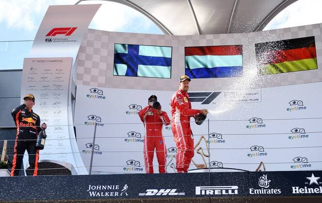 Sebastian Vettel (Scuderia Ferrari) bei der Champagnerdusche, Formel 1 Grosser Preis von Oesterreich, Red Bull Ring, 01.07.2018.2018, Formel 1 Grosser Preis von Oesterreich, Red Bull Ring, 01.07.2018 Spielberg Copyright: xEIBNER Florian_Schustx EP_SCHUST