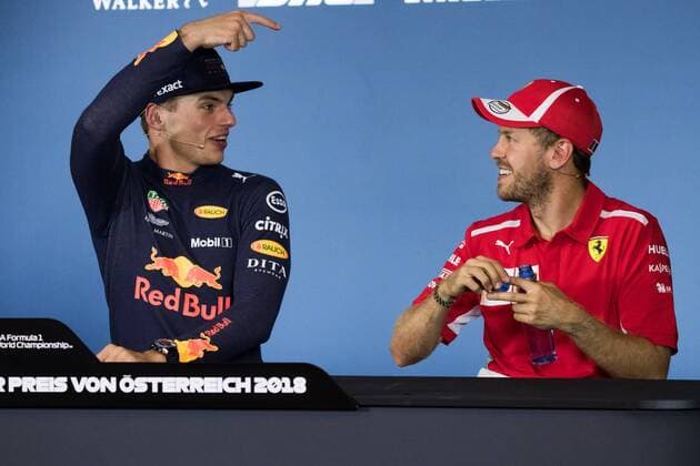 FORMULA 1 - GP of Austria 2018 SPIELBERG,AUSTRIA,01.JUL.18 - MOTORSPORTS - Grand Prix of Austria, Red Bull Ring. Image shows Max Verstappen (NED Red Bull Racing) and Sebastian Vettel (GER Ferrari). GEPAxpictures xDanielxGoetzhaber