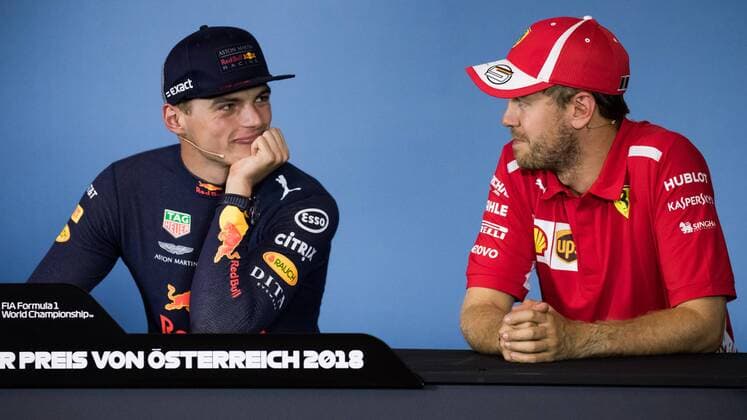 FORMULA 1 - GP of Austria 2018 SPIELBERG,AUSTRIA,01.JUL.18 - MOTORSPORTS - Grand Prix of Austria, Red Bull Ring. Image shows Max Verstappen (NED Red Bull Racing) and Sebastian Vettel (GER Ferrari). GEPAxpictures xDanielxGoetzhaber