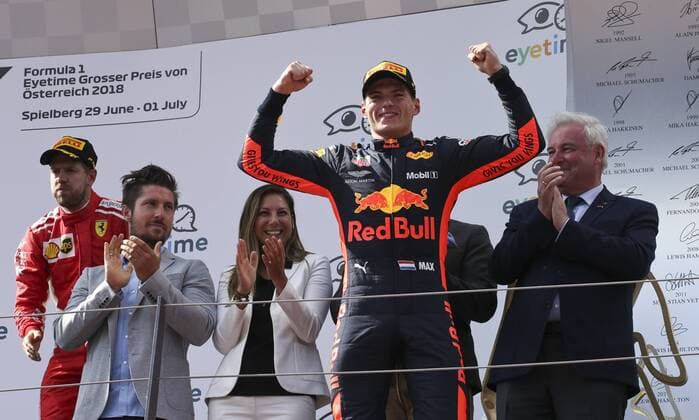 FORMULA 1 - GP of Austria 2018 SPIELBERG,AUSTRIA,01.JUL.18 - MOTORSPORTS - Grand Prix of Austria, Red Bull Ring. Image shows the rejoicing of Max Verstappen (NED Red Bull Racing), Sebastian Vettel (GER Ferrari), Marcel Hirscher (AUT), Maglena Krumova (eyetime international), Andreas Gabalier and governor Hermann Schuetzenhoefer (Styria). GEPAxpictures xWolfgangxGrebien