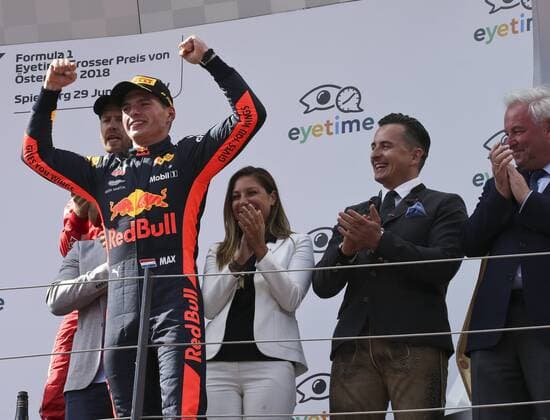 FORMULA 1 - GP of Austria 2018 SPIELBERG,AUSTRIA,01.JUL.18 - MOTORSPORTS - Grand Prix of Austria, Red Bull Ring. Image shows the rejoicing of Max Verstappen (NED Red Bull Racing), Sebastian Vettel (GER Ferrari), Marcel Hirscher (AUT), Maglena Krumova (eyetime international), Andreas Gabalier and governor Hermann Schuetzenhoefer (Styria). GEPAxpictures xWolfgangxGrebien